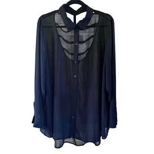 Sheer Navy Long-Sleeve Button Front Blouse with Cutout Back